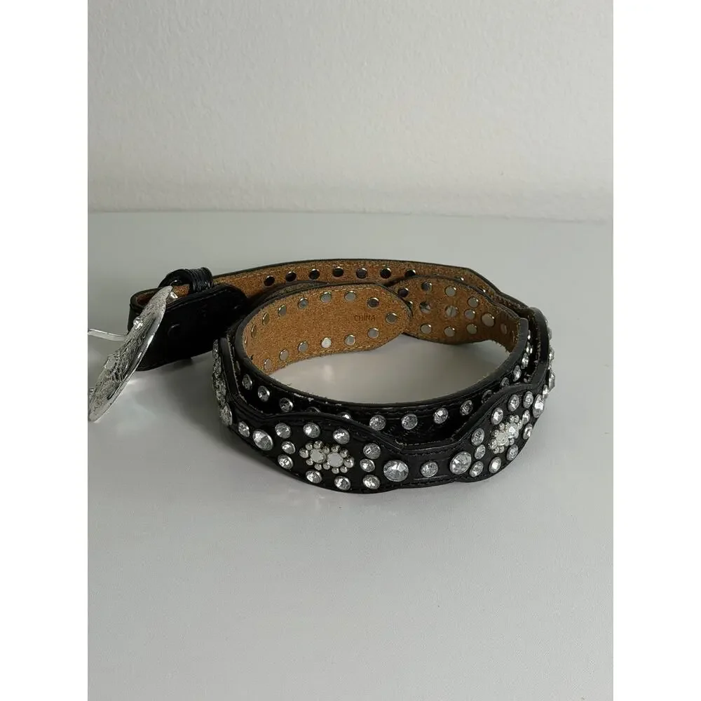Tony Lama Rhinestones Crystal Black SZ 30 Leather Belt C50363 Western Style